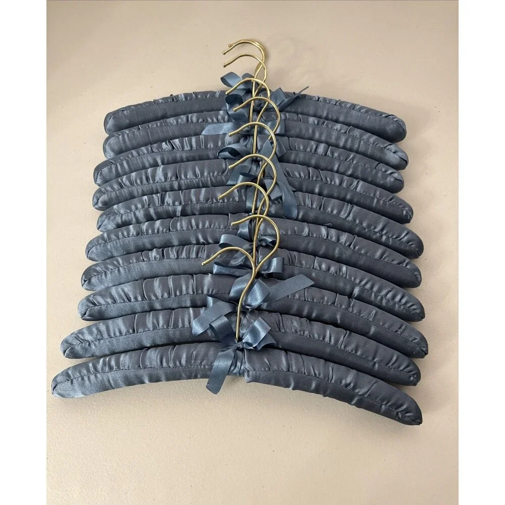 Padded Hangers Blue Set Of 10 Gold Hook Blue Ribbon